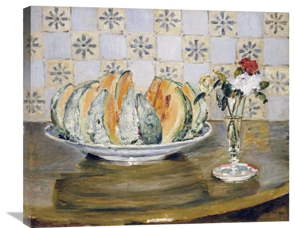 "Still Life of a Melon and a Vase of Flowers" Artwork, 30" x 25"