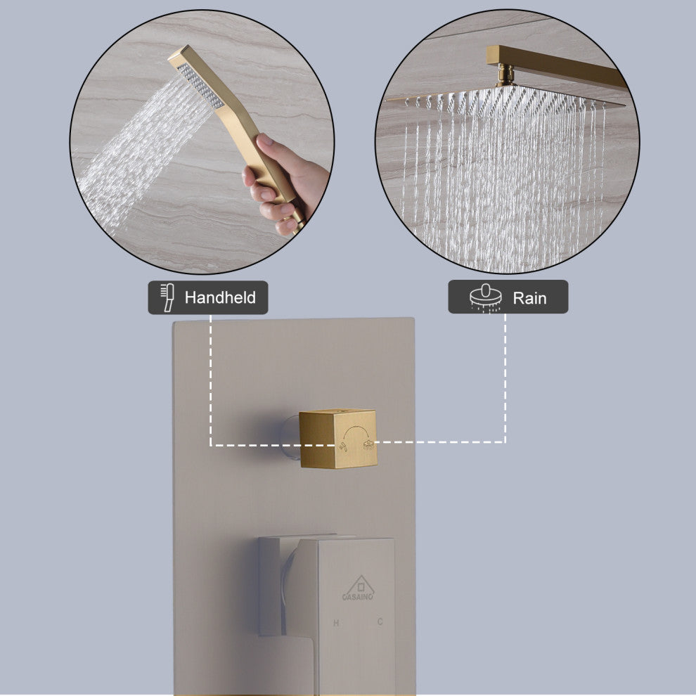 CASAINC 10" Luxury Wall Mounted Shower System Set w Sliding Handheld Rod, Brushed Gold
