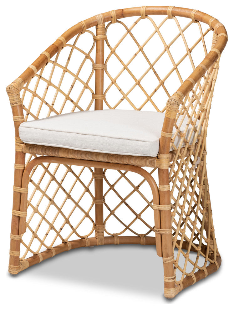 Orchard Bohemian White Fabric Upholstered and Natural Brown Rattan Dining Chair