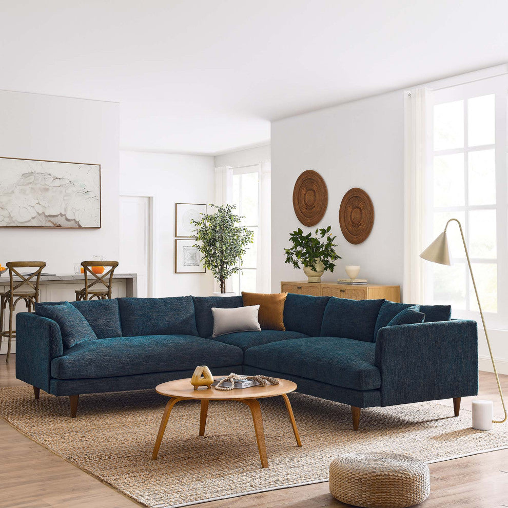Zoya 3 Piece Down Filled Overstuffed Sectional Sofa, Heathered Weave Azure