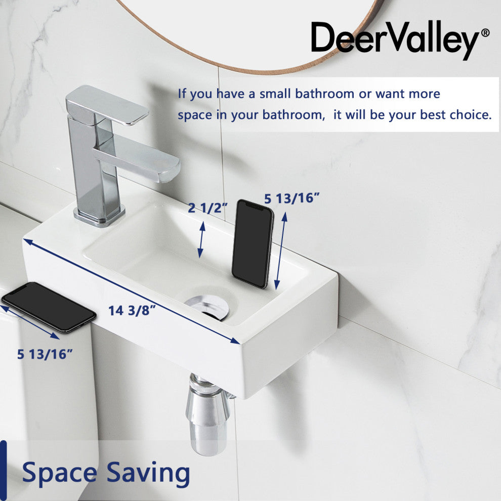 Ceramic Wall Mount Bathroom Sink Small Bathroom White Rectangular Wash Basin