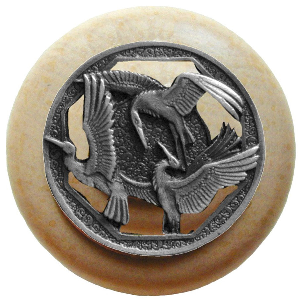 Crane Dance Wood Knob, Antique Brass, Natural Wood Finish, Antique Pewter