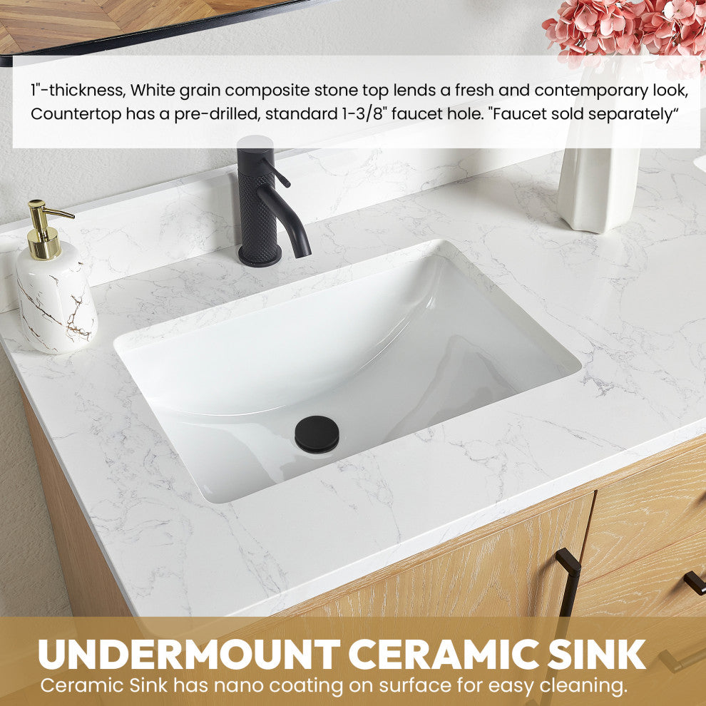 Gara Bath Vanity, Stone Top, Washed Ash Grey, 36", Single Vanity, No Mirror