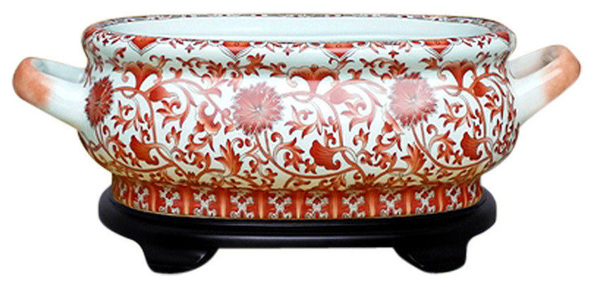 Unique Chinese Orange/Coral and White Porcelain Foot Bath Basin With Base