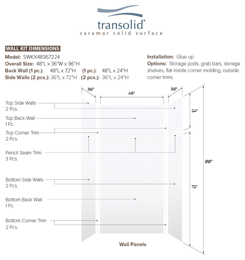 Transolid SaraMar 48"x36"x96" 6-Piece Shower Wall Kit, White Velvet