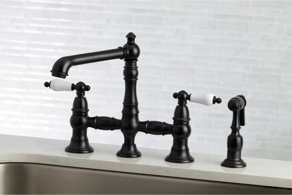 Kingston Brass Bridge Kitchen Faucet With Sprayer, Matte Black