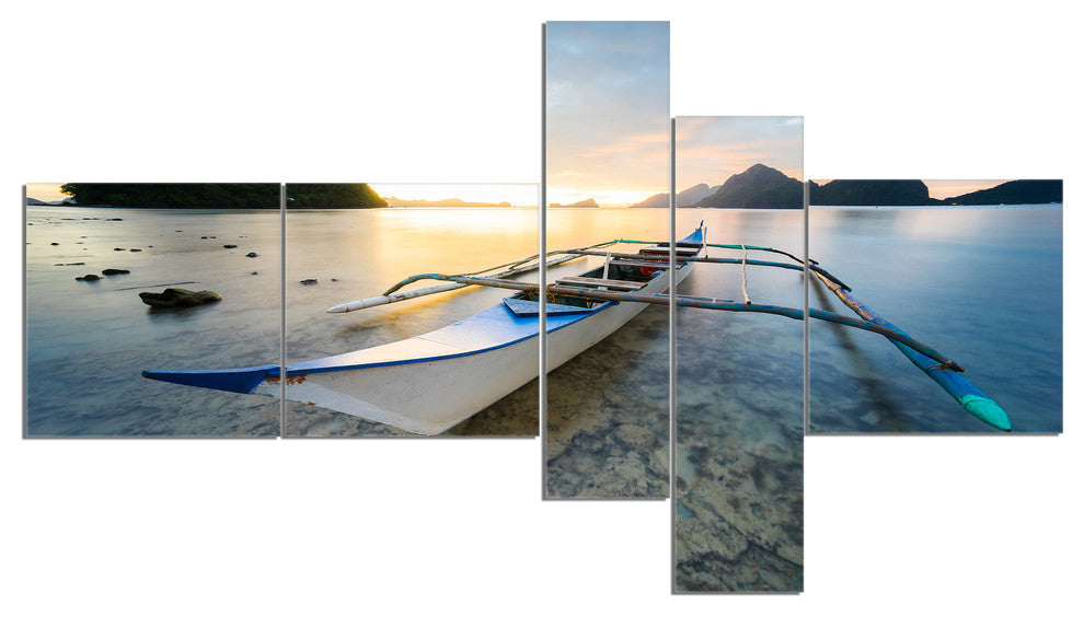 Boat Docked at Beautiful Sunset, Seashore Canvas Art Print, 60"x32", 5 panels