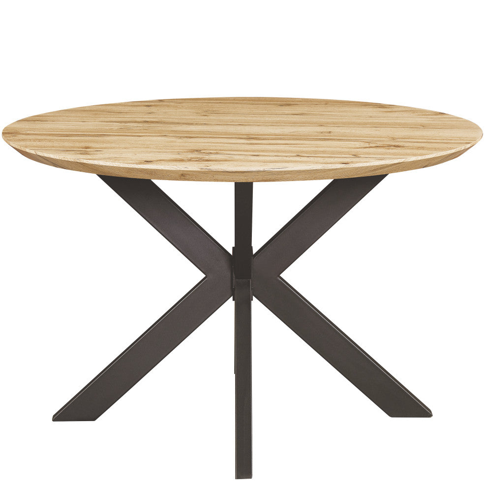 Ravenna 47" Round Dining Table MDF Tabletop in Geometric Metal Base, Natural Wood