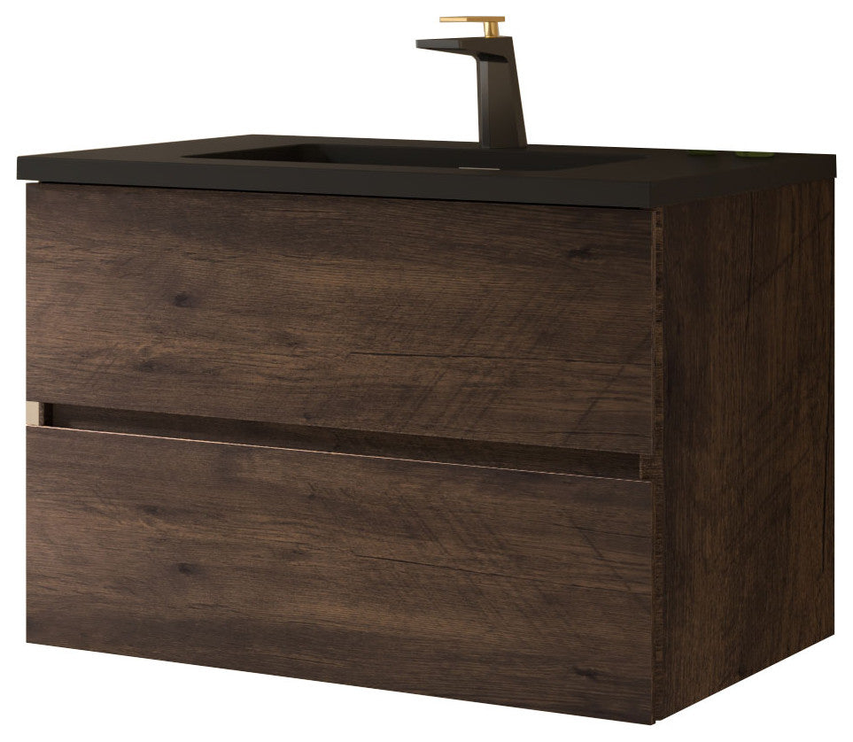 ConceptBaths Edith Wall Mount Bathroom Vanity With Black Top, Rose Wood, 30"