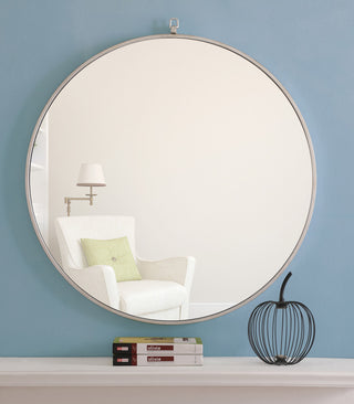 32" Round Metal Frame Mirror With Decorative Hook, Silver