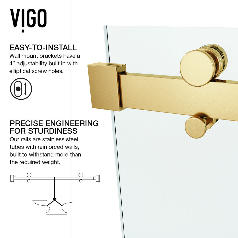 VIGO Luca 56" to 60" W x 79" H Frameless Sliding Shower Door, Matte Brushed Gold, Clear Glass