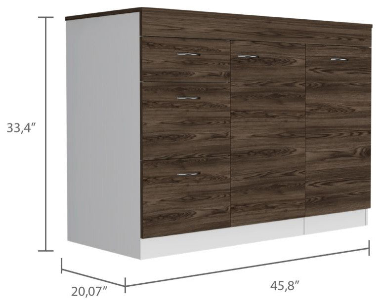 DEPOT E-SHOP Camp Kitchen Base Cabinet with 3 Drawers, Cabinet,White/Dark Walnut