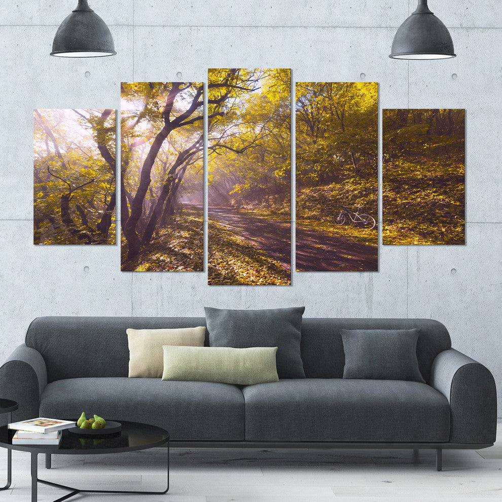 Bicycle Ride in Fall Forest, Landscape Canvas Art Print, 60"x32", 5 Panels