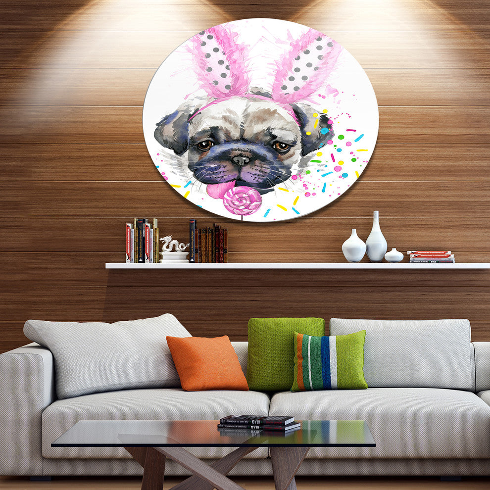 Cute Dog With Pink Feather Hat, Animal Art Disc Metal Wall Art, 11"
