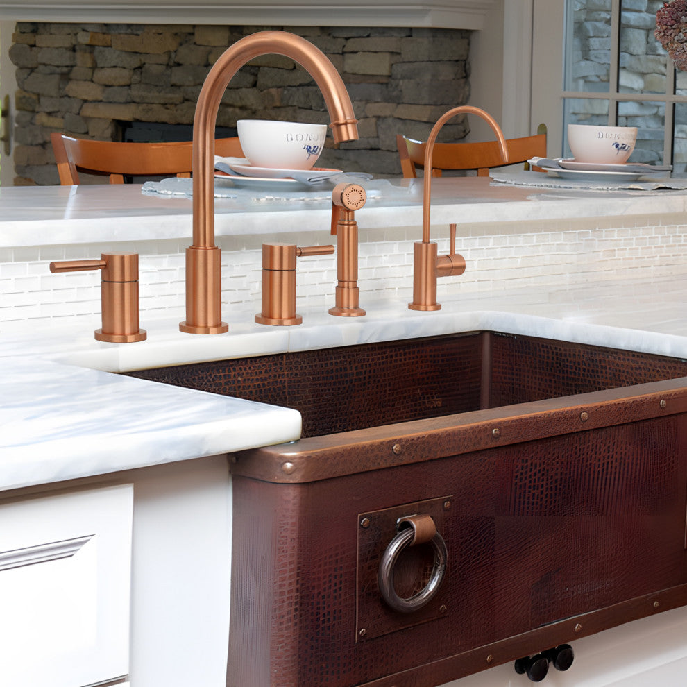 Two-Handles Copper Widespread Kitchen Faucet With Side Sprayer, Copper