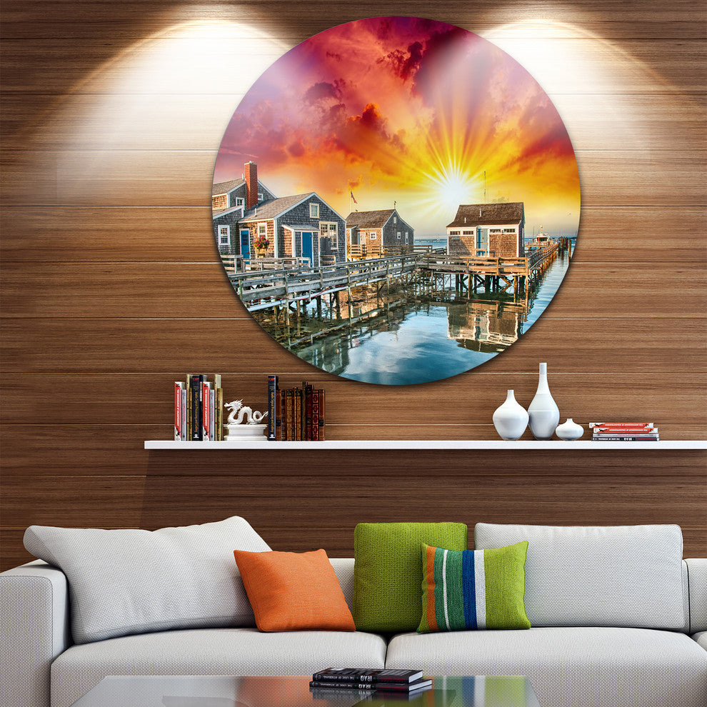 Wooden Homes At Sunset, Landscape Photo Large Disc Metal Wall Art, 23"
