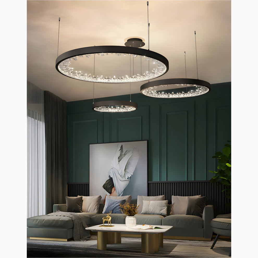 Altidona | Black Rings Modern Crystal Creative Luxury Hanging Led Chandelier, 3 Rings 4 Bases