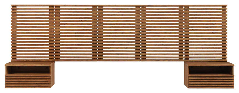 Render Wall Mount Queen Headboard and Modern Nightstands, Walnut