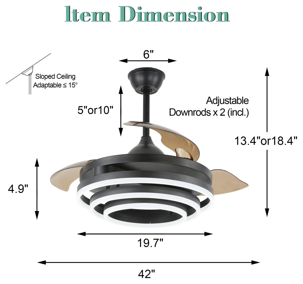 Oaks Aura 42" DIY Shape Retractable Ceiling Fan with Lights and Remote Control, Black