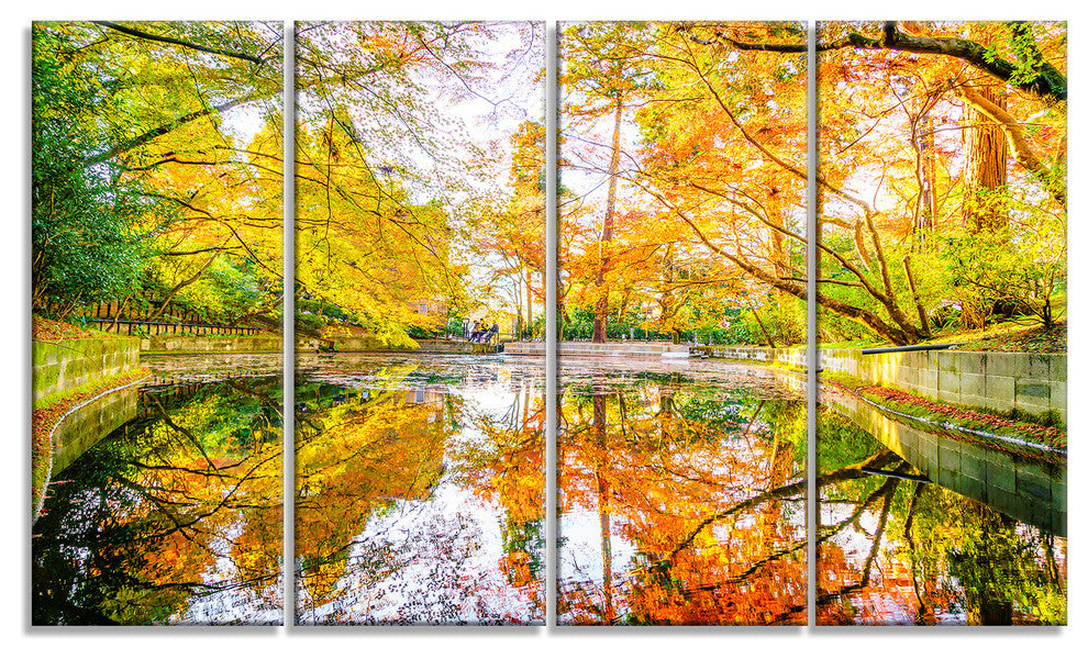 Bright Fall Forest with River, Landscape Canvas Art Print, 48"x28", 4 Panels
