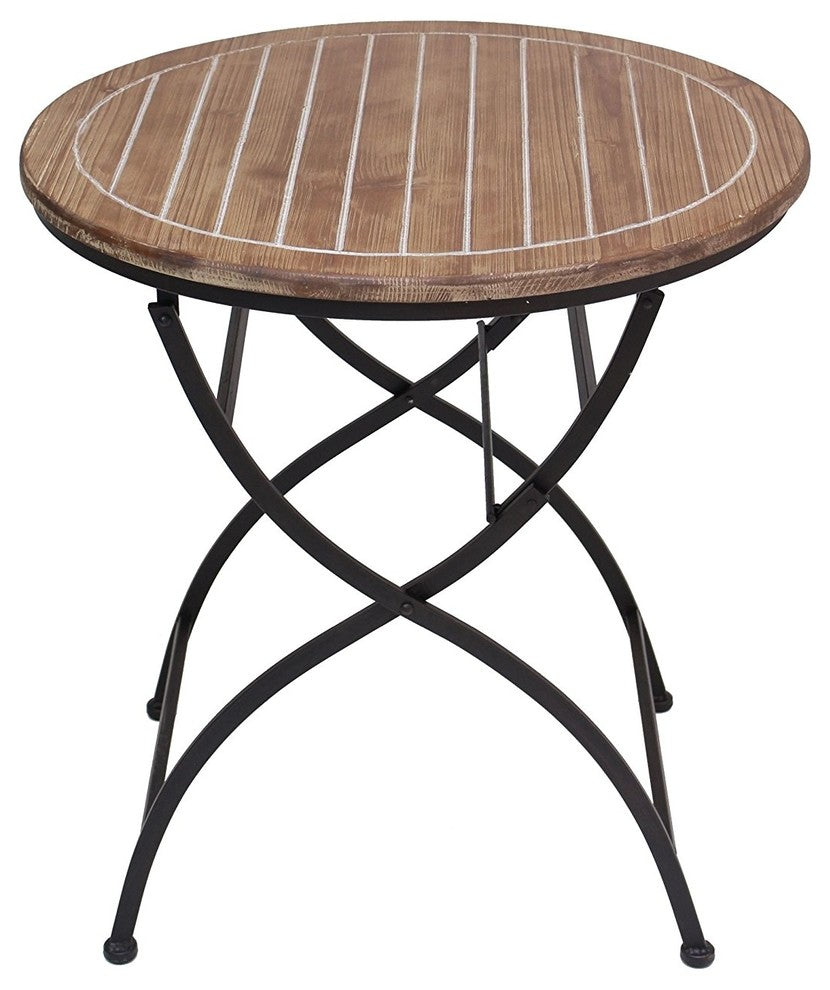 French Cafe Bistro Folding Table, Black Metal Frame, Wood Round Top