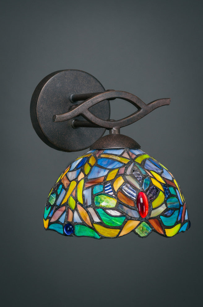 Revo Wall Sconce In Dark Granite, 7" Kaleidoscope Tiffany Glass