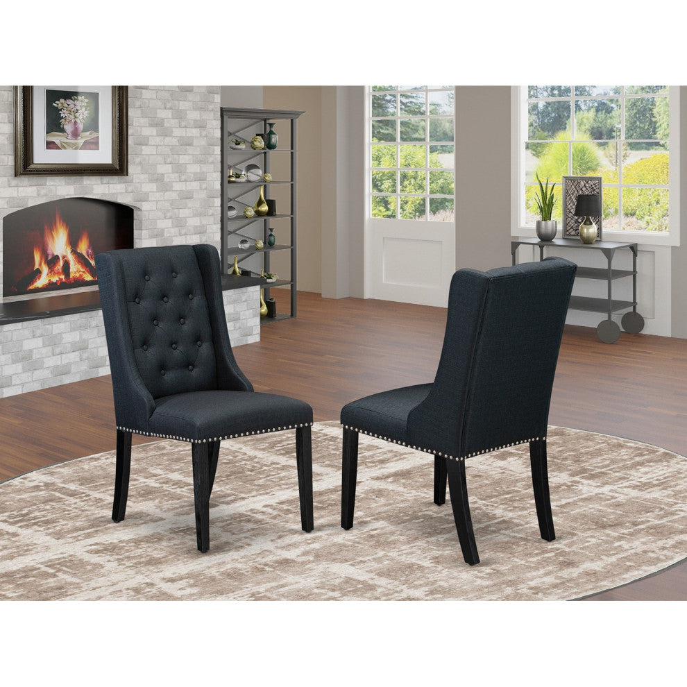 Dining Black Parson Chairs, Wire Brushed Black Rubber Wood Legs,Set of 2
