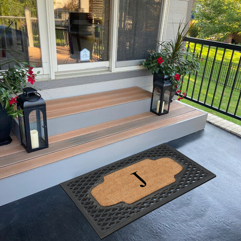 A1HC Mesh Border Rubber and Coir Monogrammed Doormat, 23"X38", Black, J