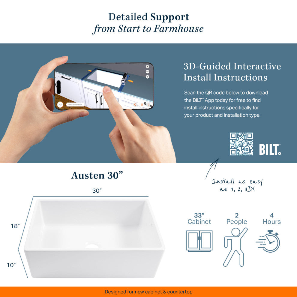Austen Matte White Fireclay 30" Single Bowl Farmhouse Undermount Kitchen Sink