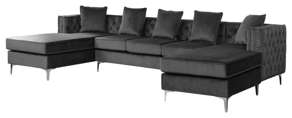 Ryan Dark Gray Velvet Double Chaise Sectional Sofa with Nail-Head Trim