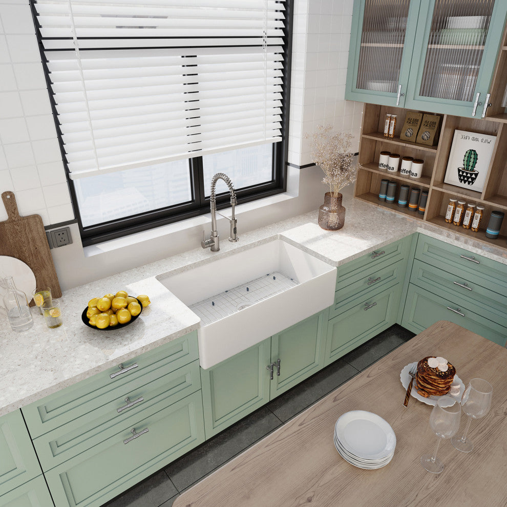 Sinber Farmhouse Apron Single Bowl Kitchen Sink with Fireclay 2 Accessories, White, 33" X 20"