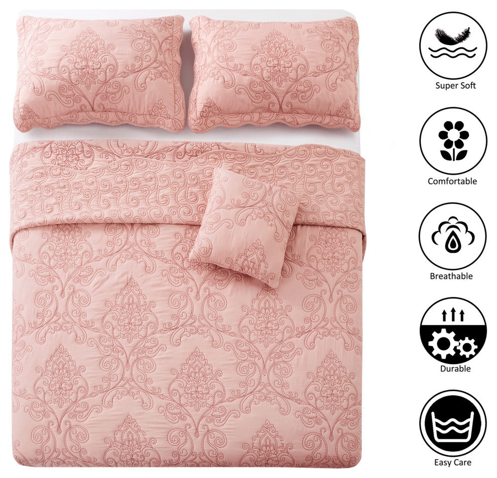 Damask Embroidered Quilted 4 Piece Bed Spread Sets, Dusty Pink, King