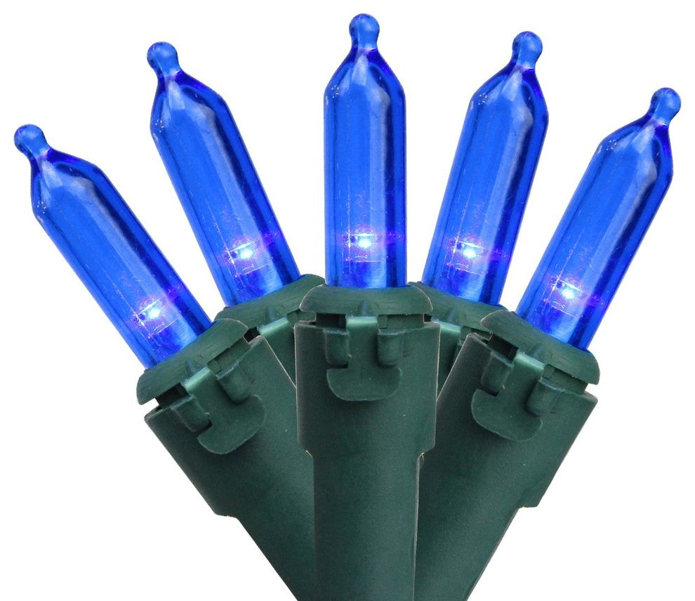 Set of 100 Blue LED Mini Christmas Lights 4" Spacing - Green Wire