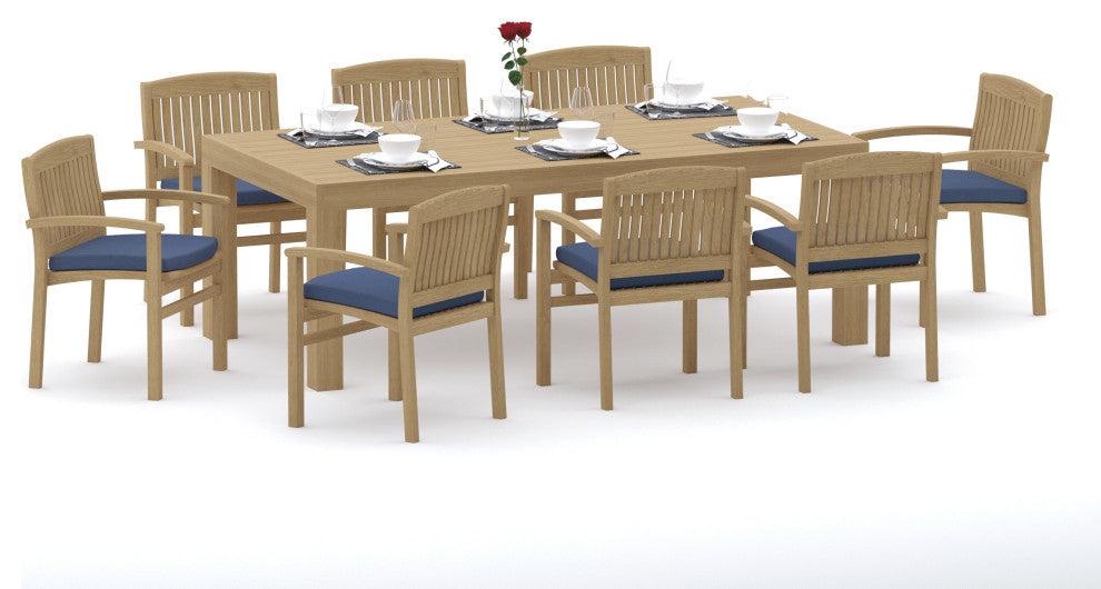 9-Piece Outdoor Teak Dining Set: 86" Rectangle Table, 8 Wave Stacking Arm Chairs