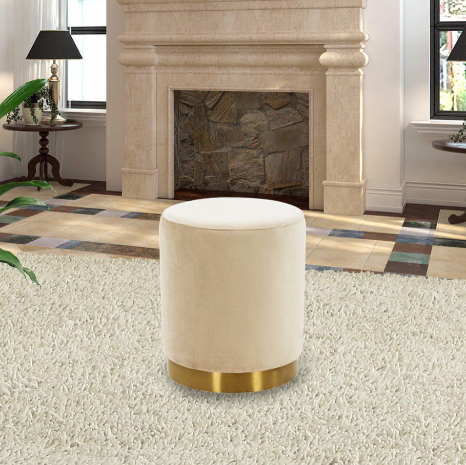 LeisureMod Remmey 16" Round Velvet Ottoman With Gold Base Beige