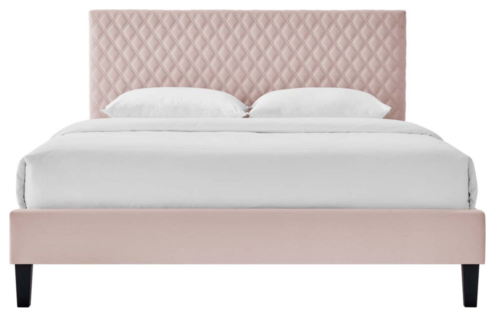 Platform Bed Frame, King Size, Pink, Velvet, Modern, Bedroom Master Guest Suite
