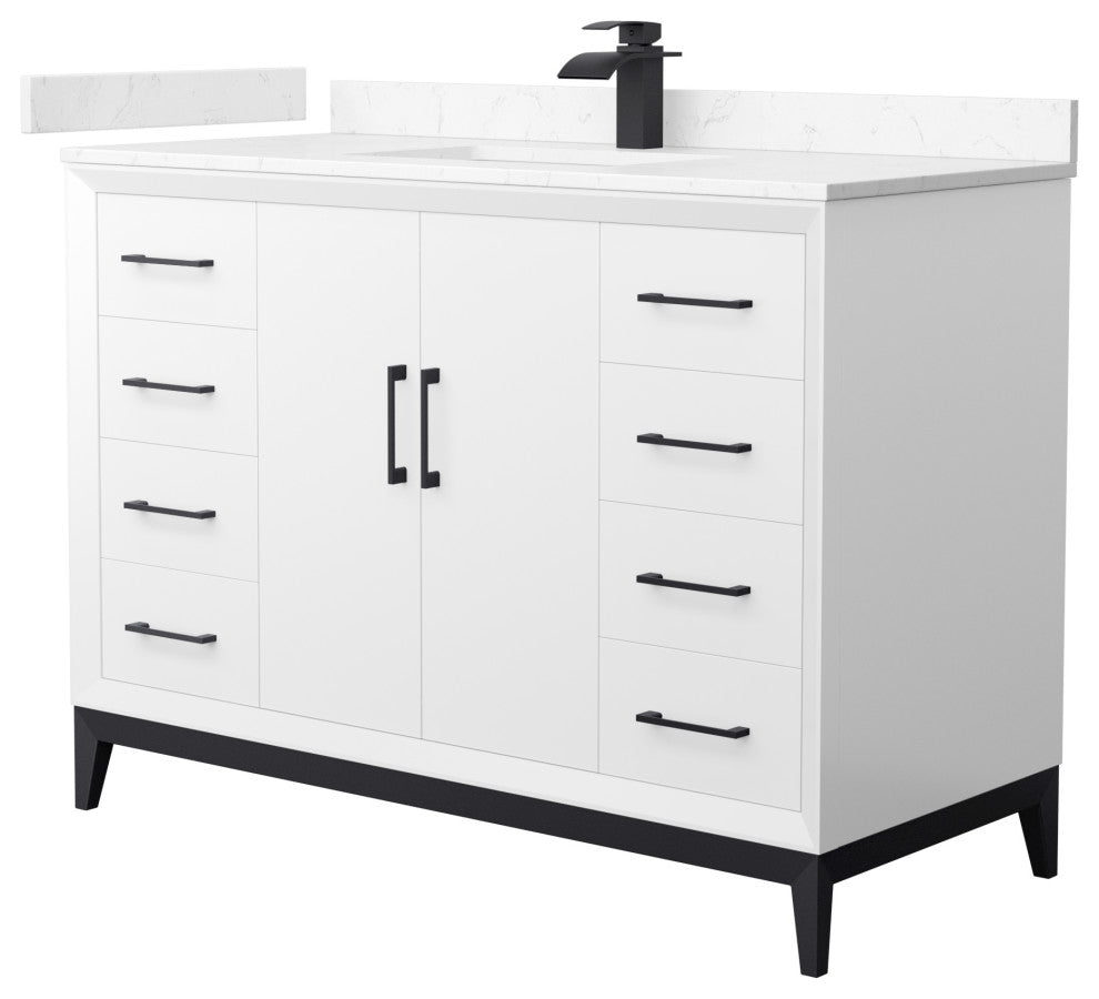 Amici 48" White Single Vanity, Carrara Cultured Marble Top, Matte Black Trim