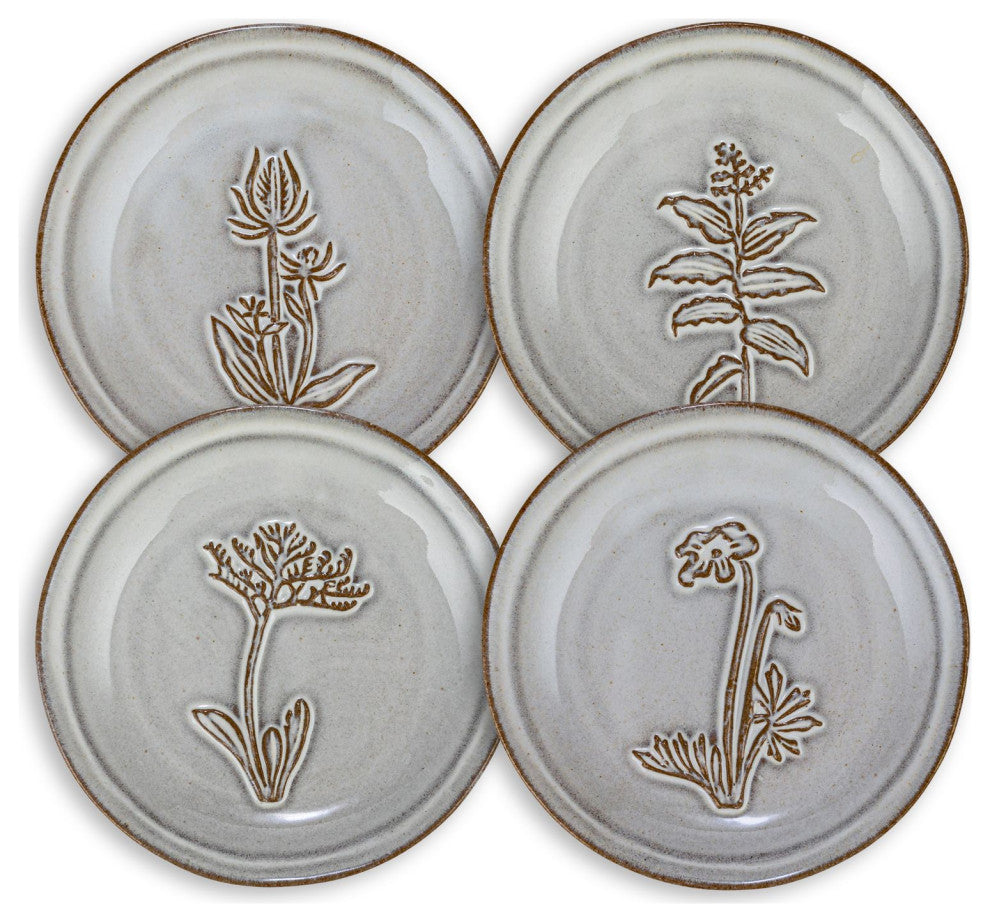 5" Round Dish, Reactive Glaze, 4 Flower Design Styles, Cream, Brown, Set of 12