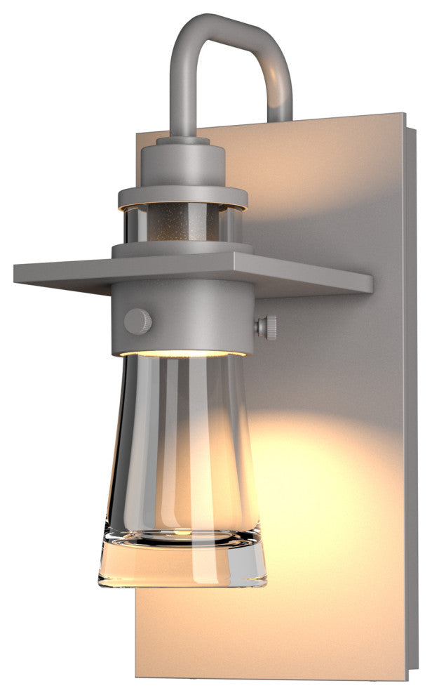 Erlenmeyer Small Outdoor Sconce, Coastal Burnished Steel Finish, Clear Glass
