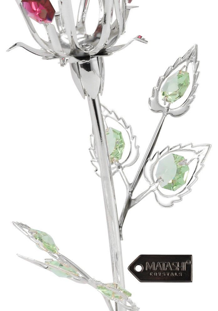 Matashi Silver Plated Rose Flower Tabletop Ornament With Red Pink Green Crystals
