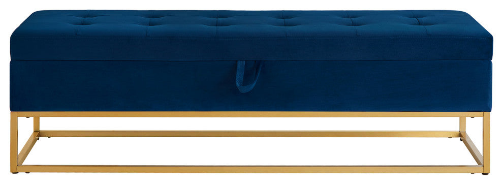 TATEUS Metal Base Bed Bench in Velvet Hidden Storage for Bedroom, Navy Blue