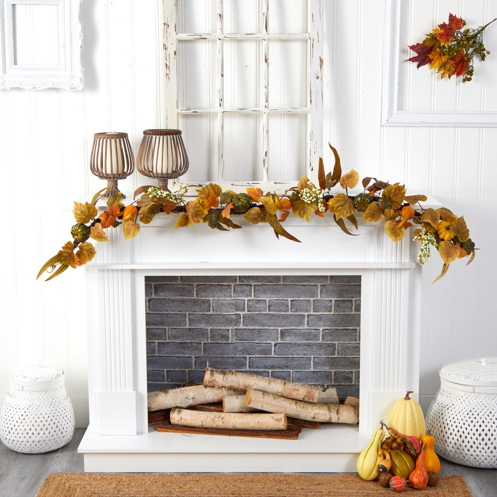 6' Fall Green and Orange Assorted Pumpkin & Gourds, White Berries Autumn Garland