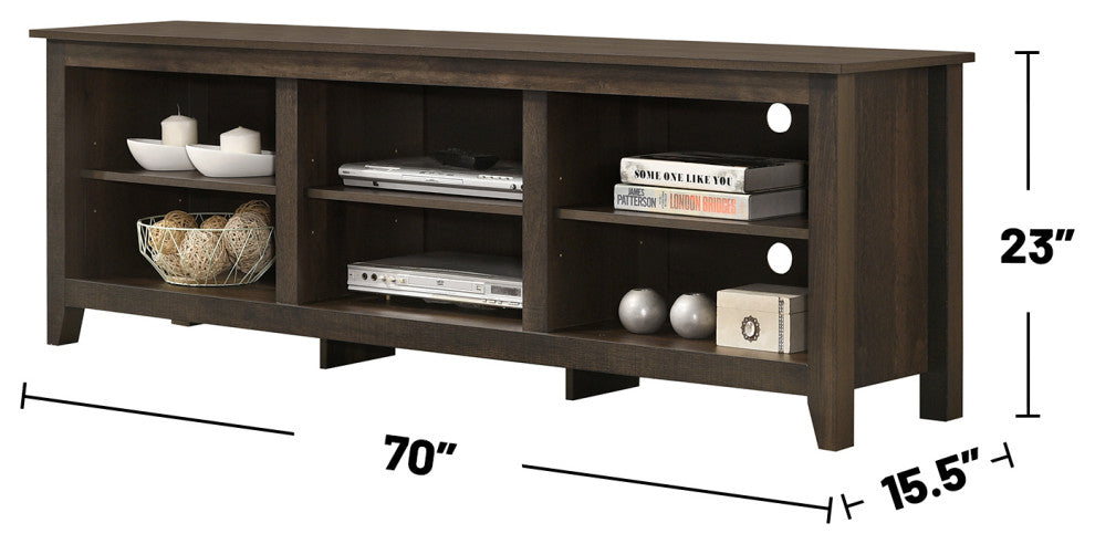 6 Open Shelves Rectangle TV Stand, Dark Dusty Brown