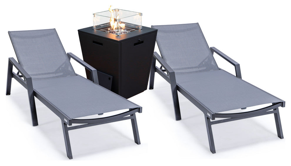 LeisureMod Marlin Chaise Lounge Chair With Arms and Fire Pit Table, Dark Gray