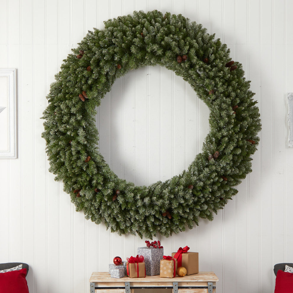 6' Giant Flocked Faux Xmas Wreath W/Pinecones, Clear Lights & Bendable Branches