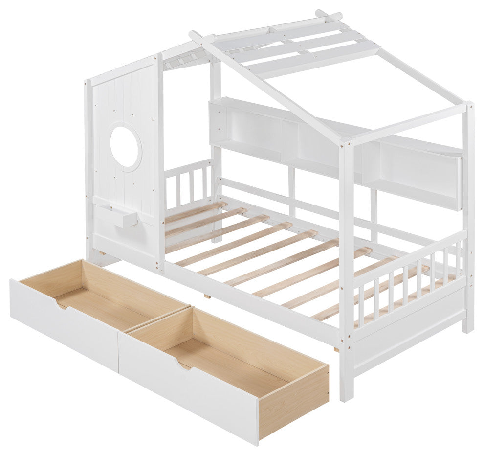 Gewnee  Wooden Twin Size House Bed with 2 Drawers