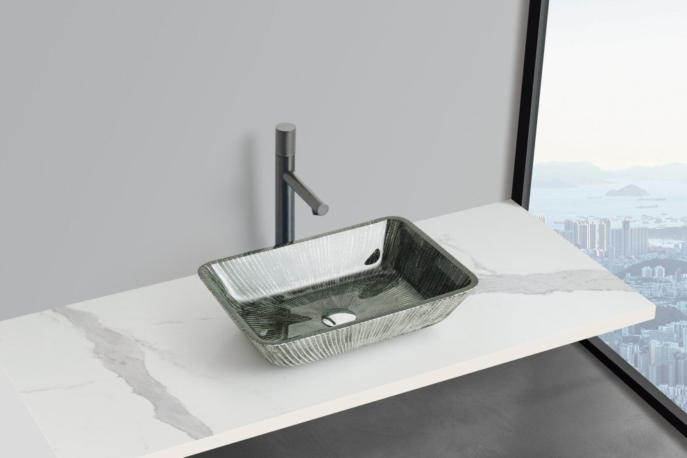 CastelloUSA Arete Rectangular Tempered Glass Vessel Sink Basin, Dark Green