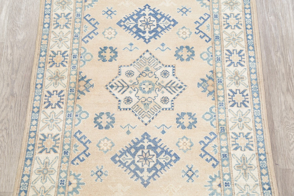 Hand-Knotted Kazak Oriental Traditional Pakistani Area Rug, Beige, 4'11"x3'3