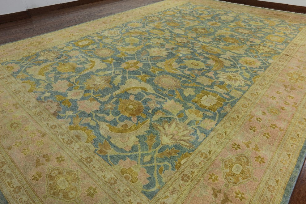 Traditional Chobi Peshawar Oriental 13x18 Blue/Pink Hand Knotted Wool Rug H9376