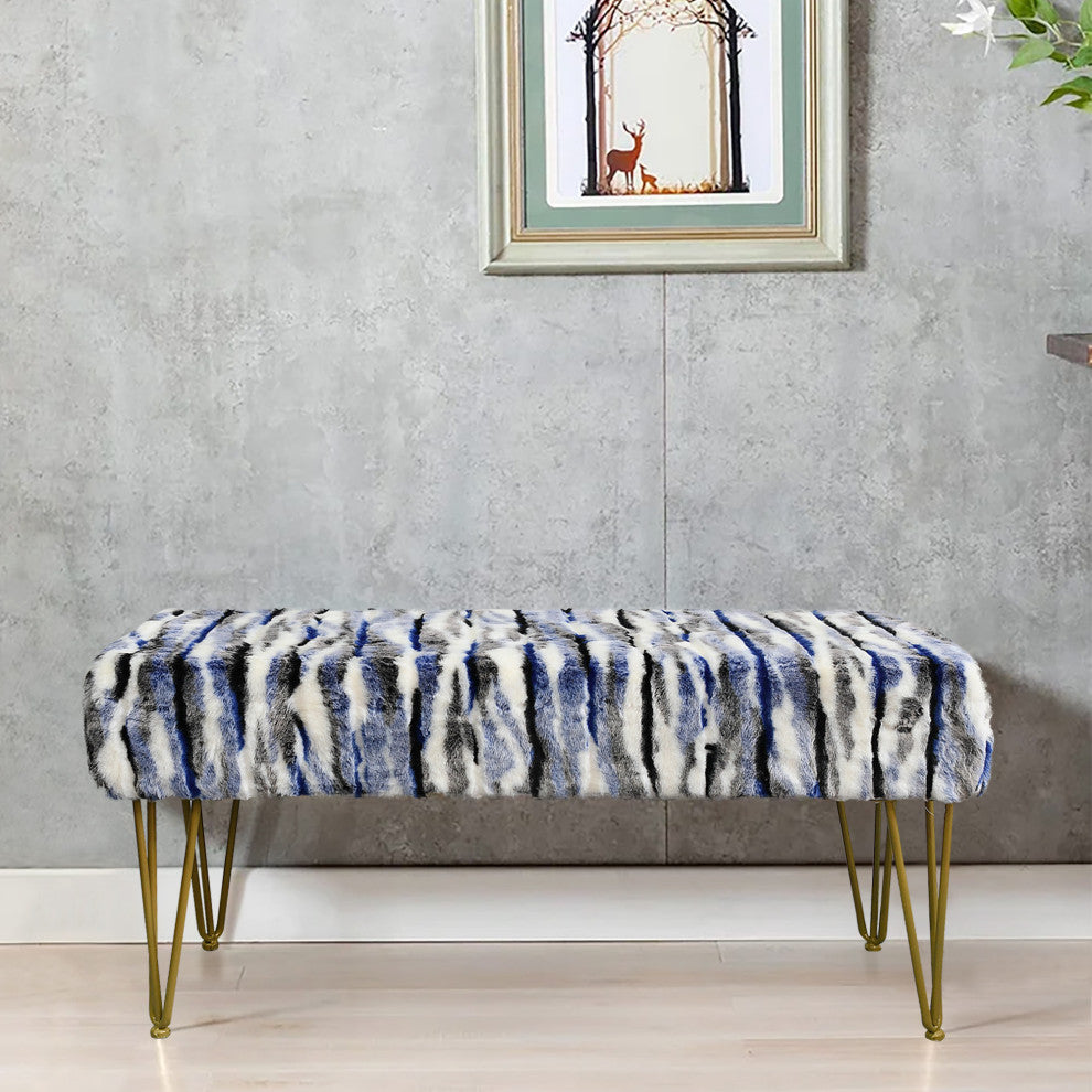 Multi Jacquard Faux Fur Ottoman, Blue, 46"x16"x7"